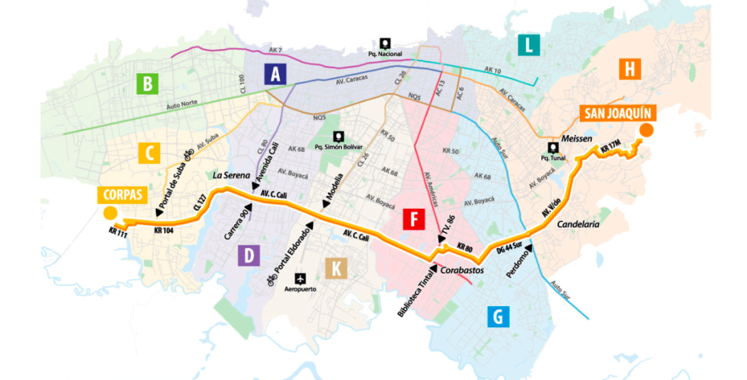 Mapa de rutas HC612 Y BK905. Fuente: TransMilenio