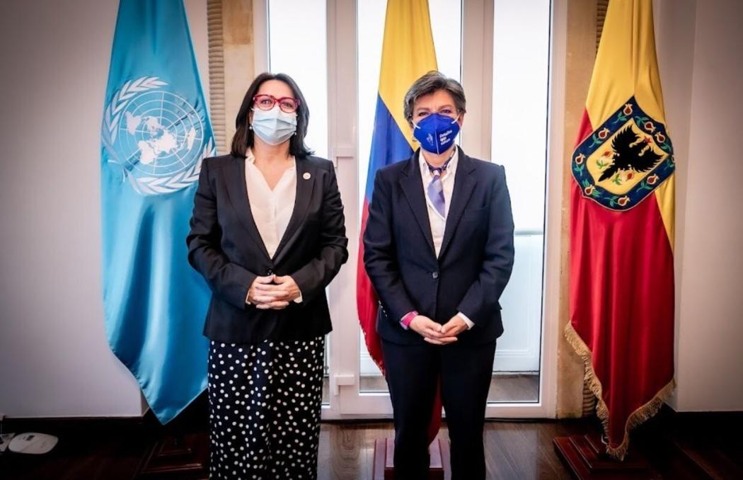 La alcaldesa, Claudia López, junto a Mireia Villar, nueva Residente de las Naciones Unidas en Colombia desde el pasado 19 de julio. Foto. Alcaldía.