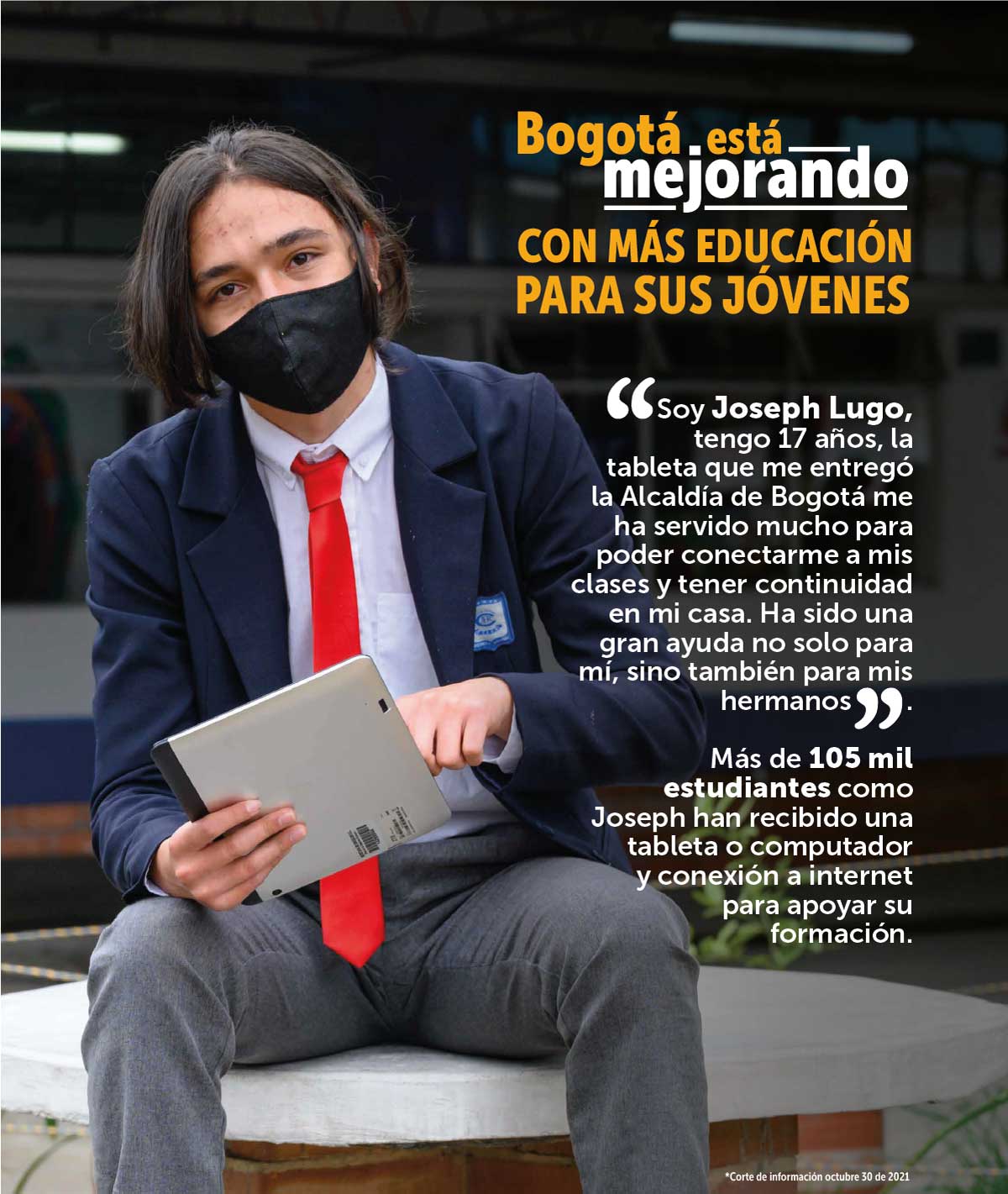 Foto de joven con tapabocas recibiendo apoyo de la alcaldía