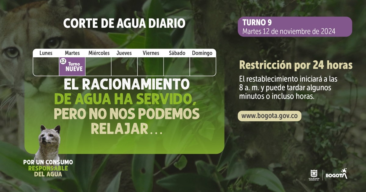 Racionamiento de agua en Bogotá, Chía, Sopó martes 12 de noviembre