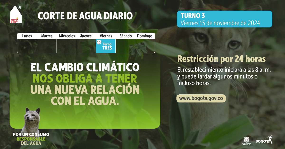 Racionamiento de agua en Bogotá viernes 15 de noviembre 2024 