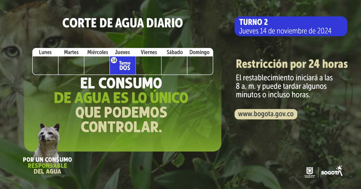 Racionamiento de agua en Bogotá y Cota jueves 14 de noviembre 2024