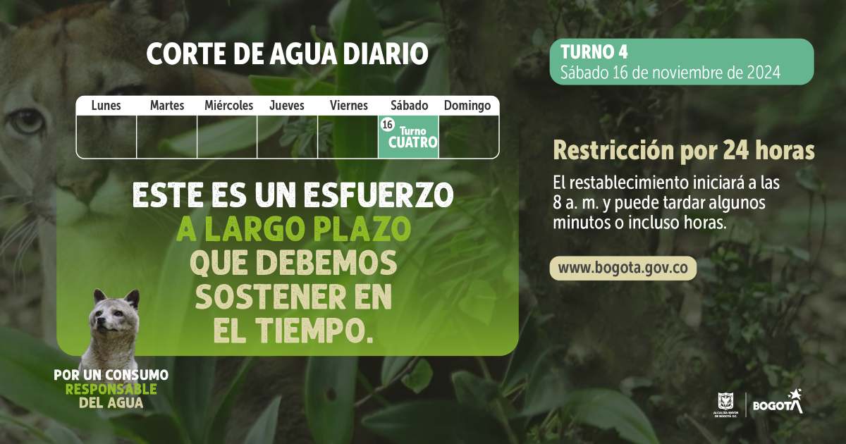 Racionamiento de agua en Bogotá y Soacha sábado 16 de noviembre 2024