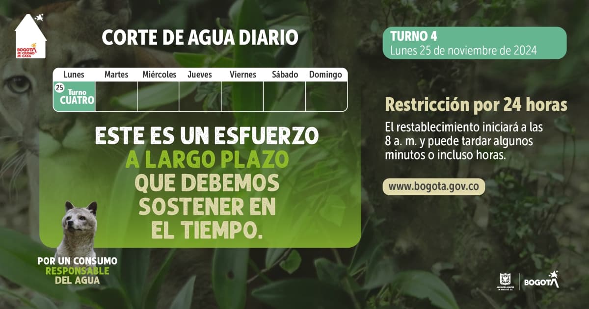 Racionamiento de agua en Bogotá y Soacha lunes 25 de noviembre 2024