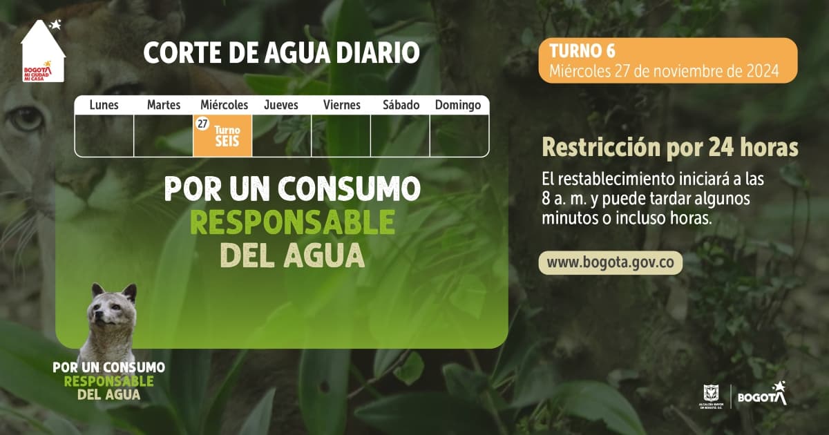 Racionamiento de agua en Bogotá y Soacha miércoles 27 de noviembre