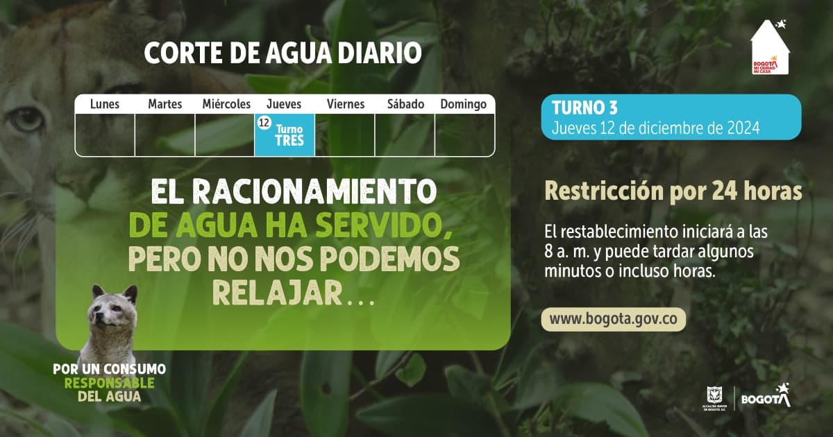 Racionamiento de agua en Bogotá jueves 12 de diciembre de 2024 