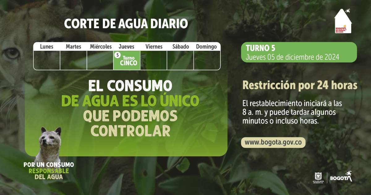 Racionamiento de agua en Bogotá jueves 5 de diciembre 2024 