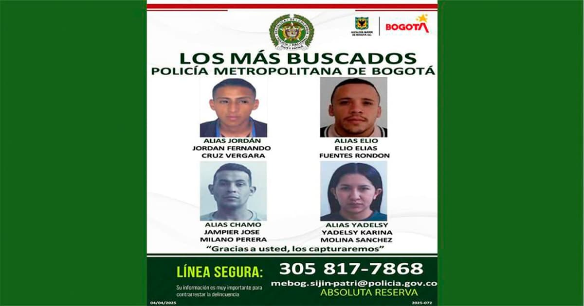 Alias 'Jordan', 'Elio', 'Chamo' y 'Yadelsy': Los más buscados por comisión de delitos en Bogotá ¡Absoluta reserva! 