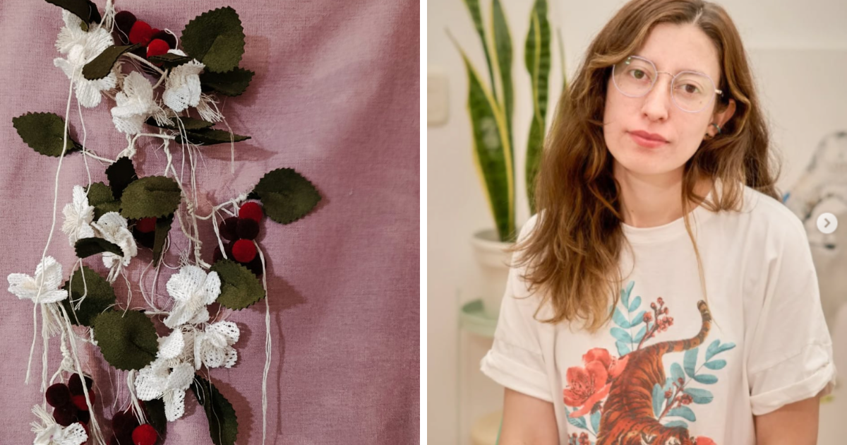 Imagen a la izquerda de la artista Johanna Martínez y a la izquierda de un elemento de su obra Sépalo.