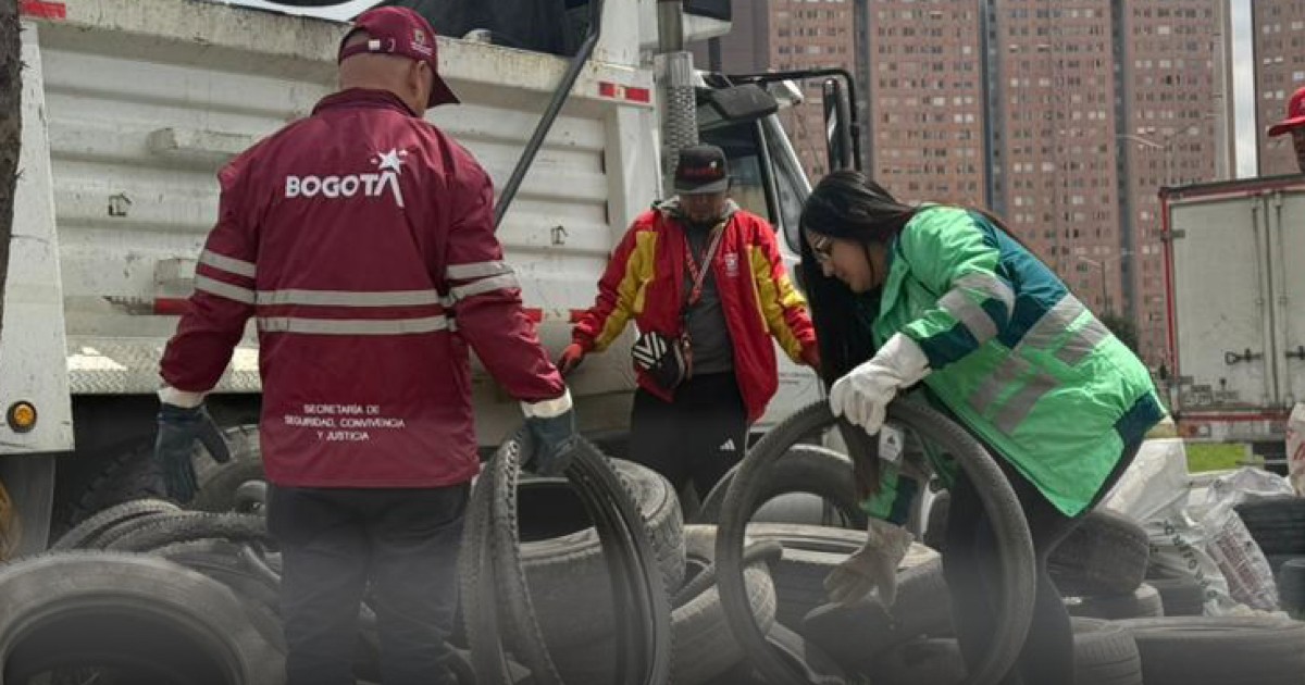 Foto que muestra trabajadores de la UAESP recolectando llantas en desuso