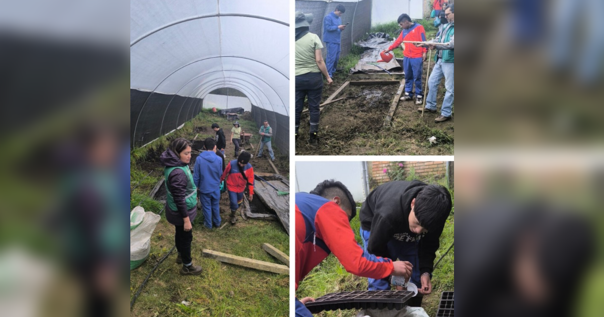 Imagen de estudiantes cultivando la tierra.