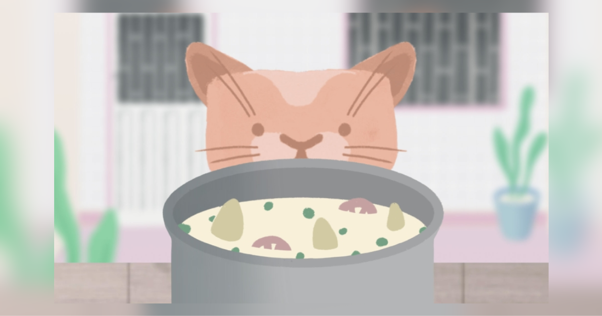 Imagen de un gato cafeclaro que enfrente tiene una olla gris con comida