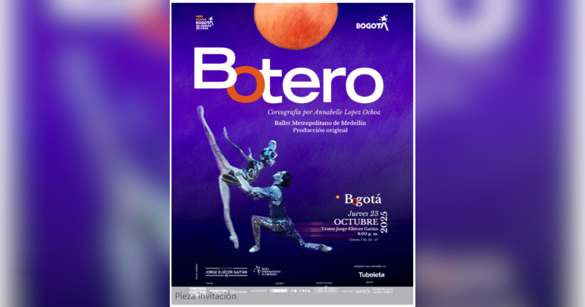 Imagen de un cartel azul rey en el que se encuentra la información del evento y donde se aprecian dos bailarines de ballet con una imagen de la luna redonda de fondo