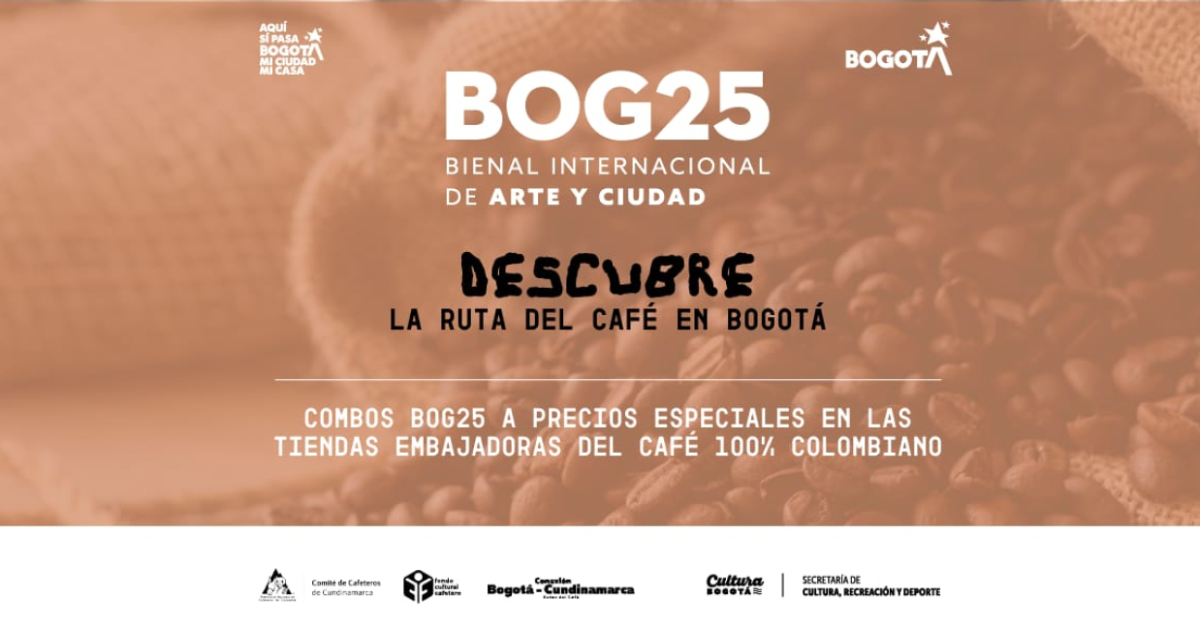 Imagen de color café con la imagen de la Bienal de Arte de Bogotá con la información sobre este evento de la ciudad