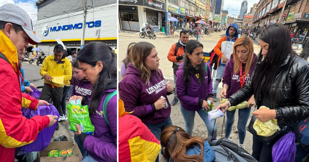 Fotos de la entrega kits de autocuidado a mujeres habitantes de calle en el centro de Bogotá.