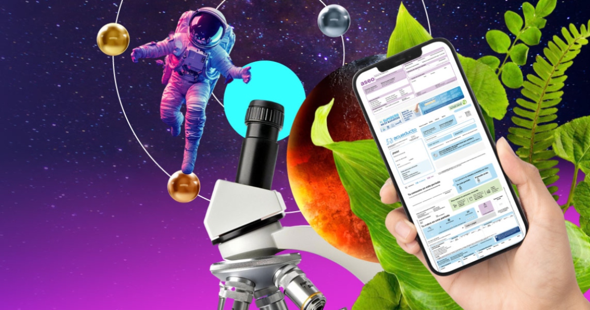 Imagen gráfica que muestra un astronauta y una mano sosteniendo un celular