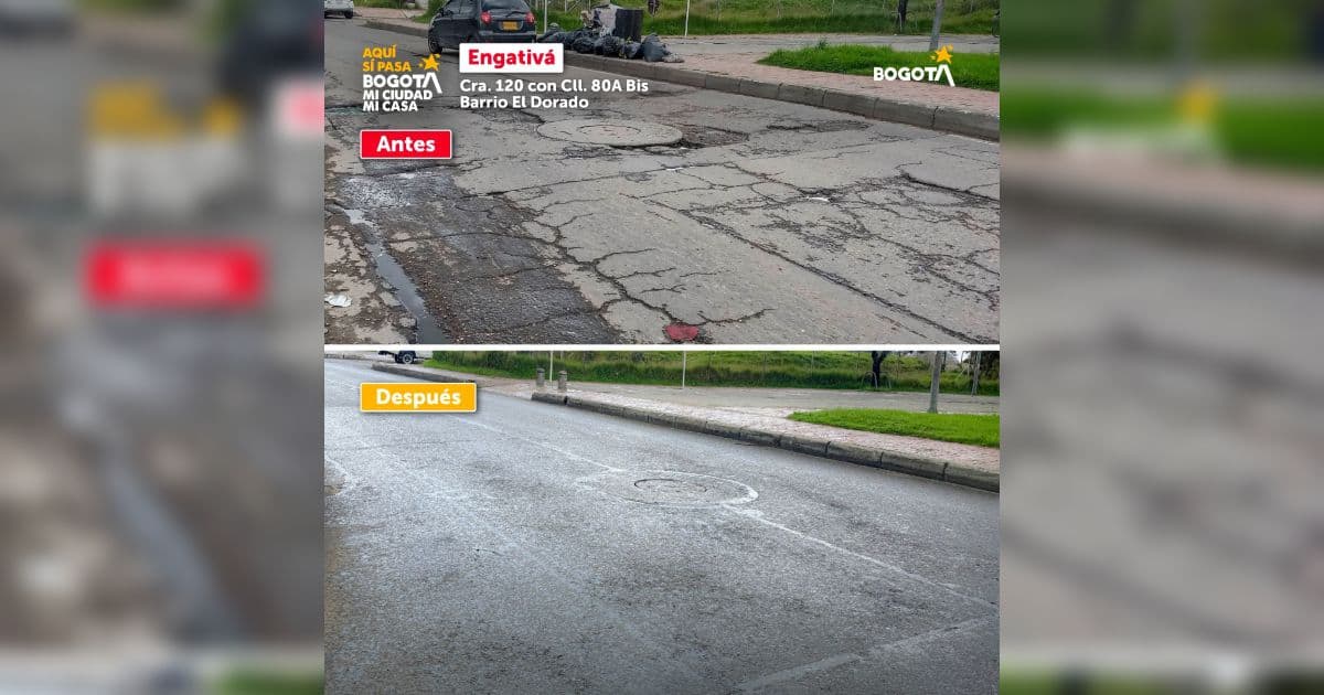Foto comparativa del arreglo en vía