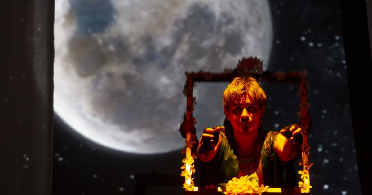 Imagen de la luna en el fondo con un hombre con marco de flores amarillas