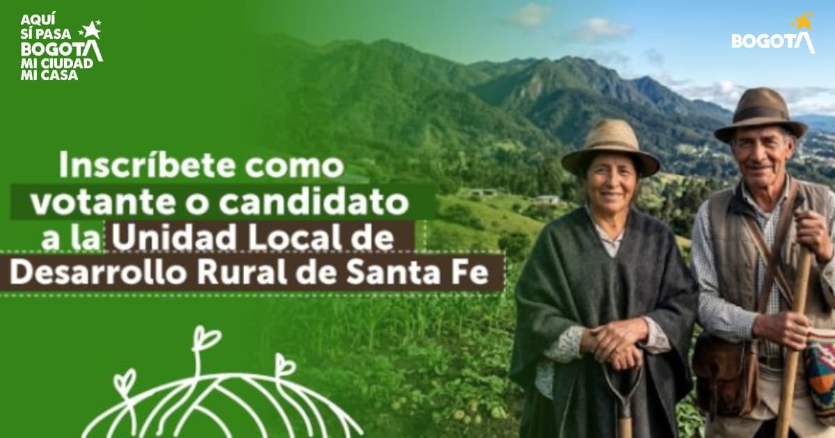Foto de campesinos con imagen de la convocatoria de la Unidad Local de Desarrollo Rural de Santa Fe en Bogotá.
