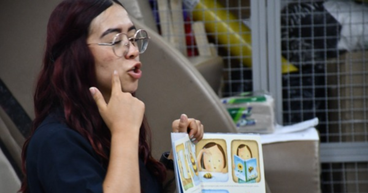 Imagen de una profesora con un libro en el que se ve una ilustración