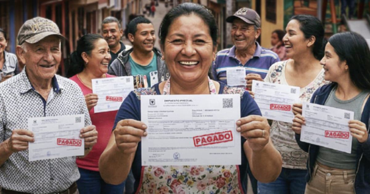 Personas sonriendo mostrando su recibo de pago del impuesto predial
