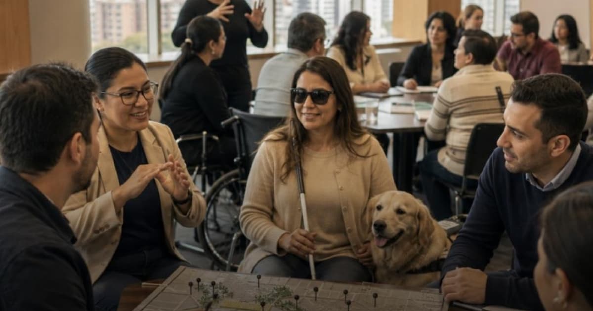Foto de una mujer invidente con su perro guía en Bogotá.