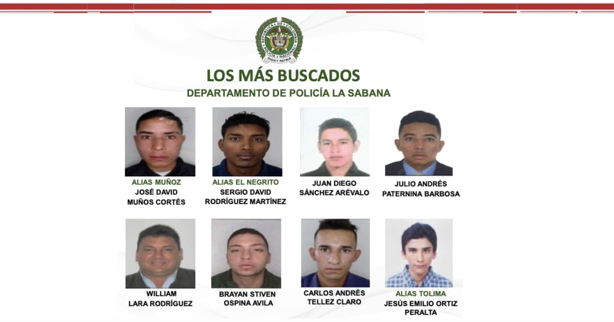 Foto del cartel de los 8 más buscados por homicidio en Bogotá y municipios aledaños.