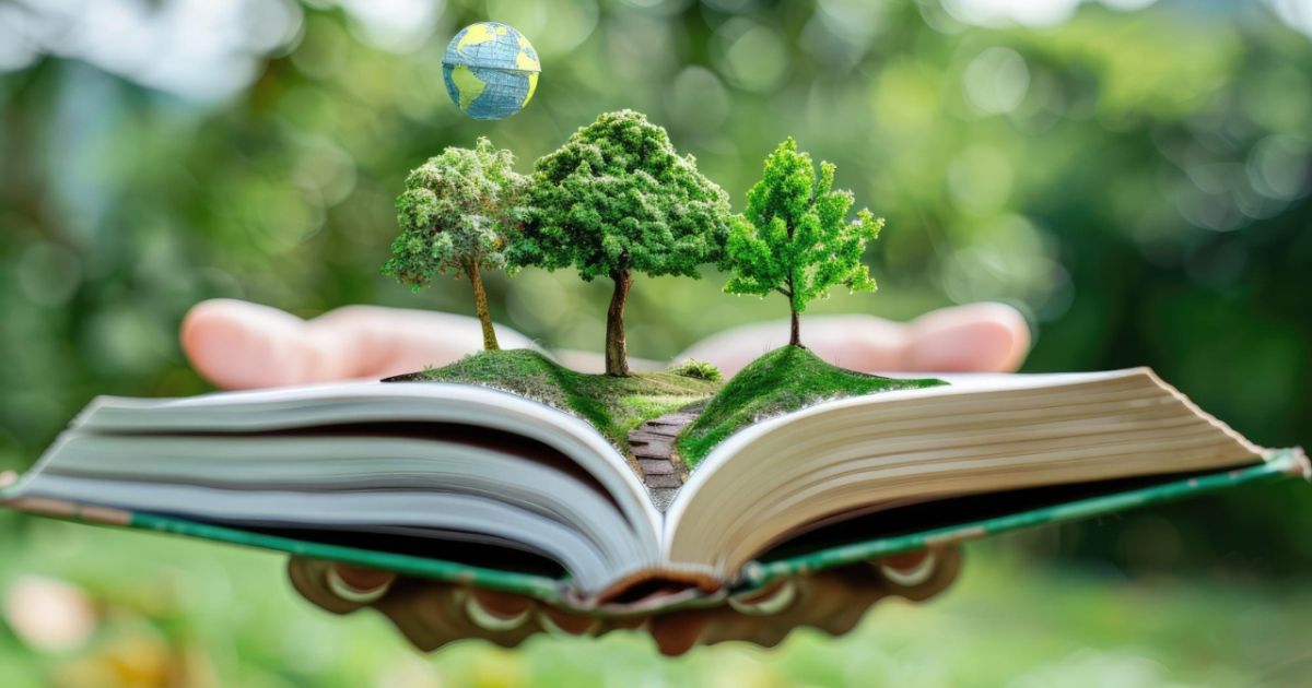 Imagen de libro abierto con arboles saliendo de el 