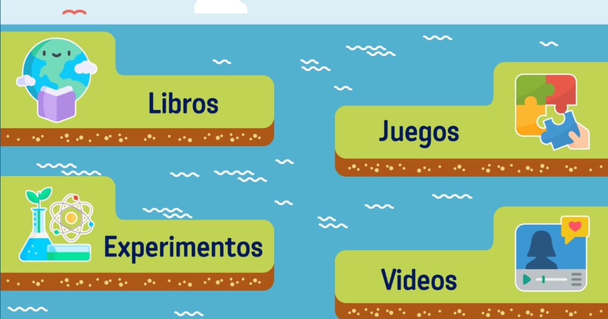 Interfaz infantil del Observatorio Ambiental de Bogotá muestra opciones Libros Juegos Experimentos y Videos en módulo educativo