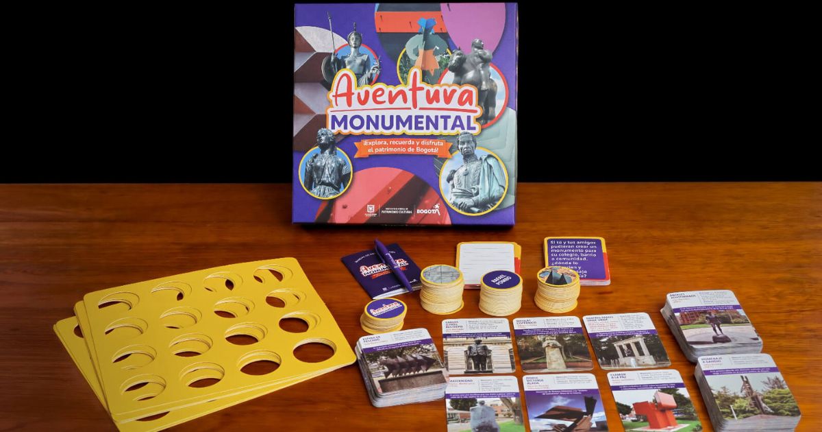 Imagen de componentes (fichas, cartas, tablero) del juego de mesa 'Aventura Monumental'
