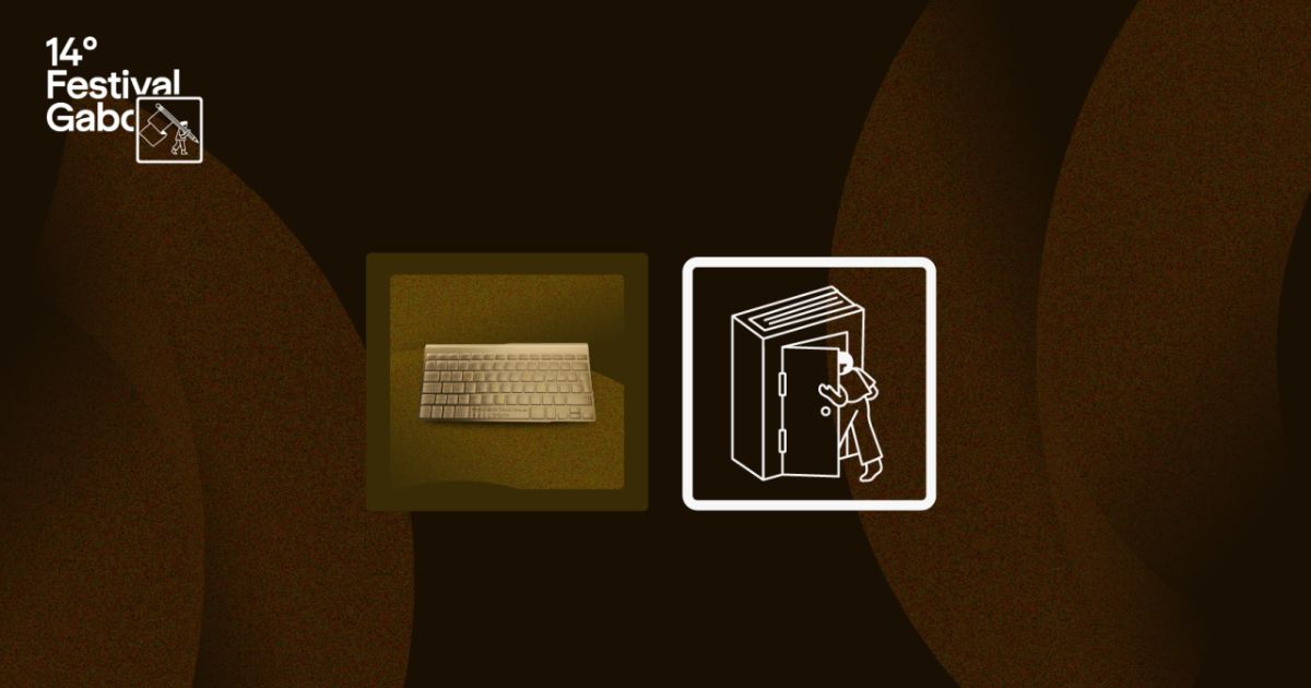 Imagen de afiche oficial del 14° Festival Gabo en fondo café con un teclado
