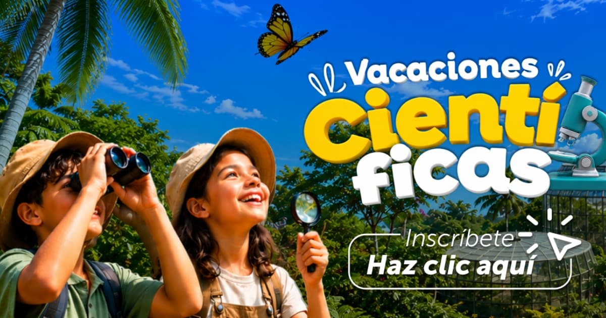 Pieza gráfica promociona Vacaciones Científicas con niños explorando naturaleza, mariposas, microscopio y texto informativo con enlace a inscripciones