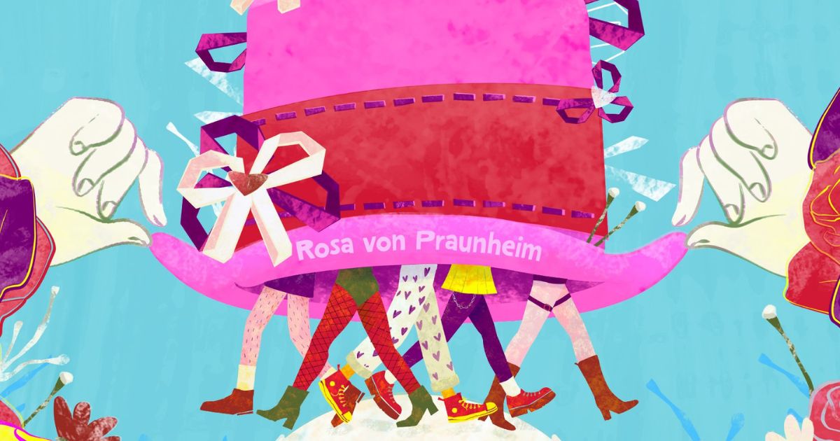 Imagen de afiche animado sombrero rosa marcado en letras con Rosa von Praunheim con diversas piernas cargándolo