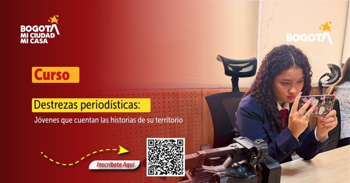 Imagen con texto curso Destrezas periodísticas: Jóvenes que cuentan las historias de sus territorios 