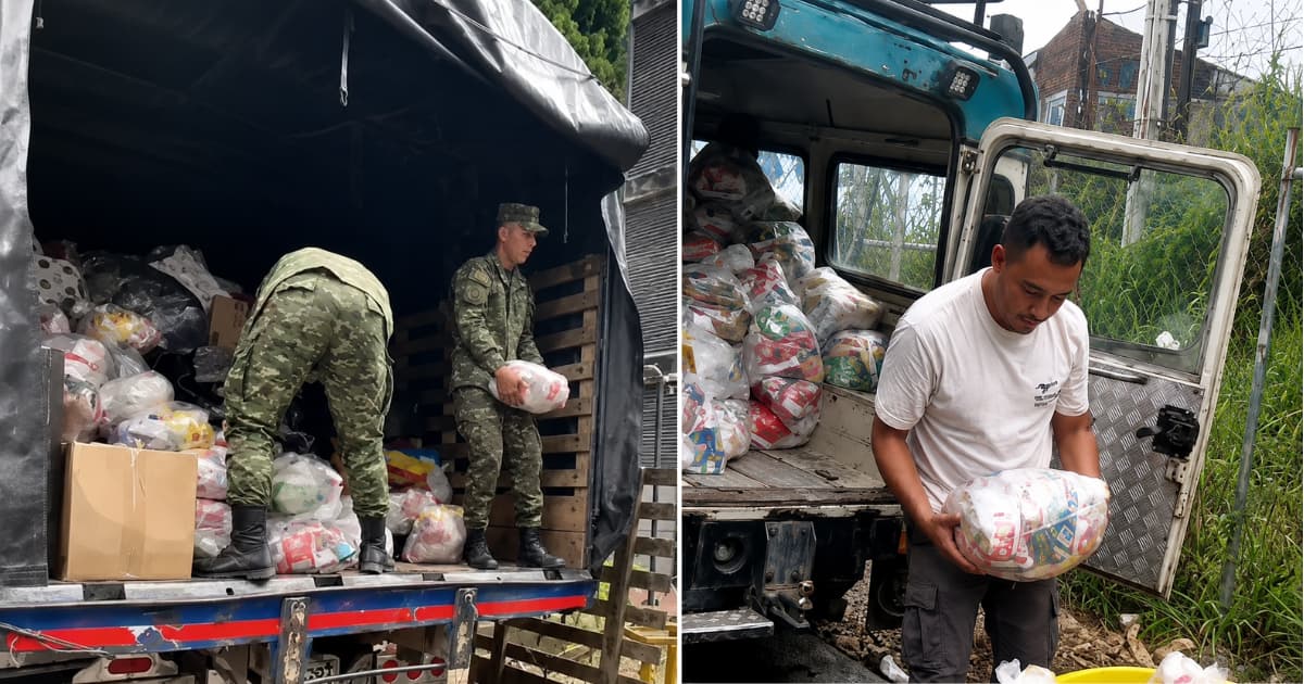 Fotos de las ayudas humanitarias de Bogotá para atención damnificados por terremoto len su arribo a Armenia y Dosquebradas.