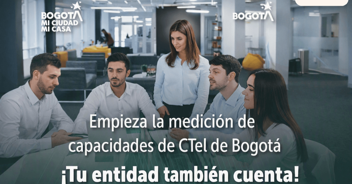 Imagen que muestra un grupo de personas hablando y el texto: empieza la medición de capacidades CTeI de Bogotá 