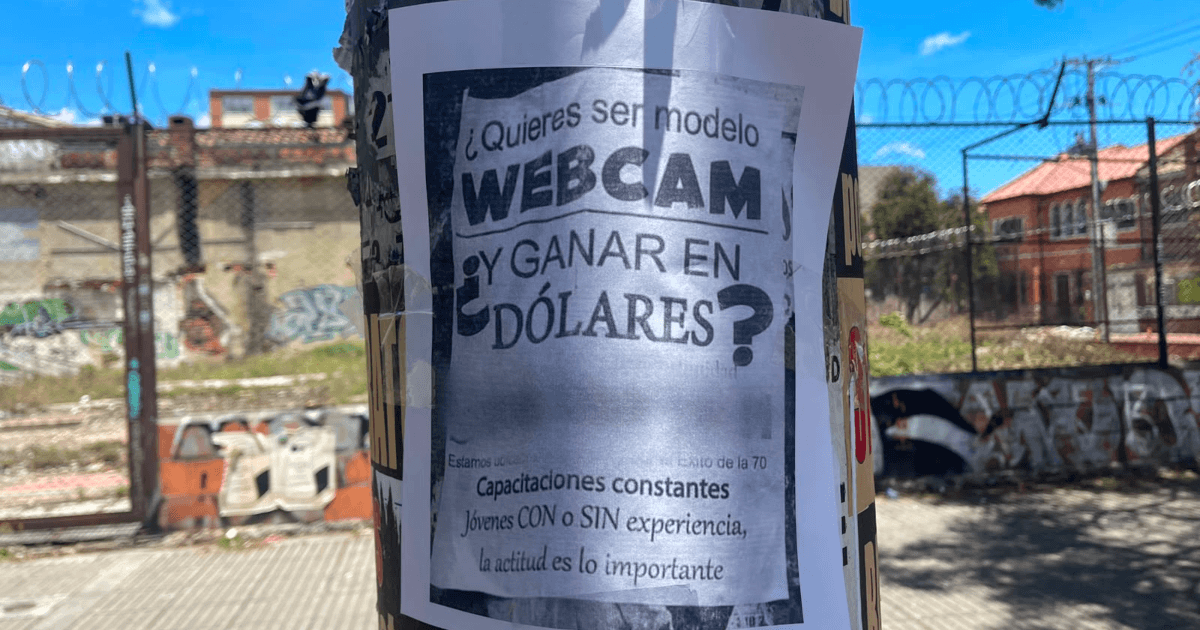 Cartel en un poste con una supuesta oferta laboral de modelaje webcam con pago en dólares.