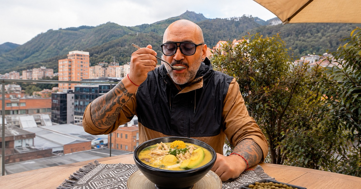 Imagen de un hombre tomando una sopa típica colombiana 'Ajiaco'