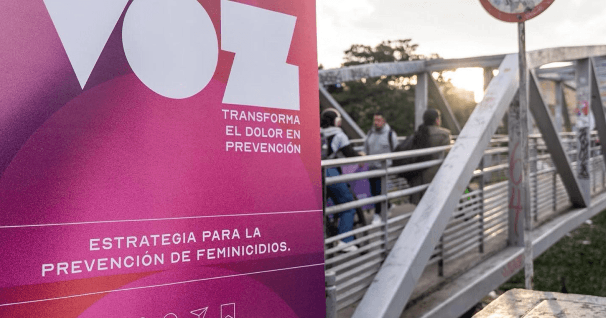 Pancarta de la Estrategia para la prevención de feminicidios, en un puente peatonal.