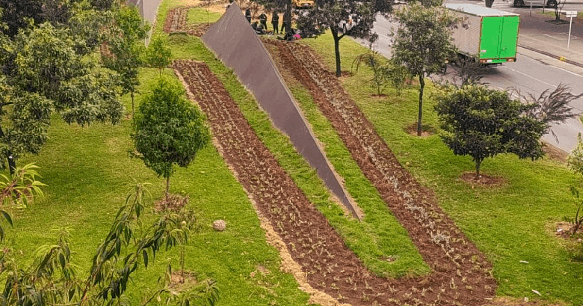 Vista aérea del Monumento de las tres pirámides de Longos con nueva jardinera intervenida por el Jardín Botánico de Bogotá