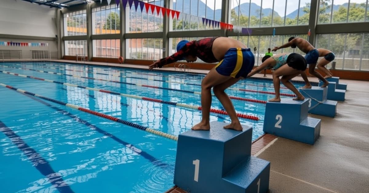 Cuatro jóvenes en un piscina de Bogotá