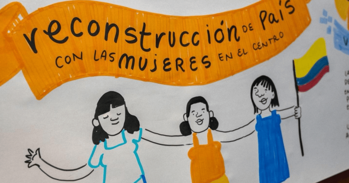 Dibujo en el que se lee "Construcción de país con las mujeres en el centro".