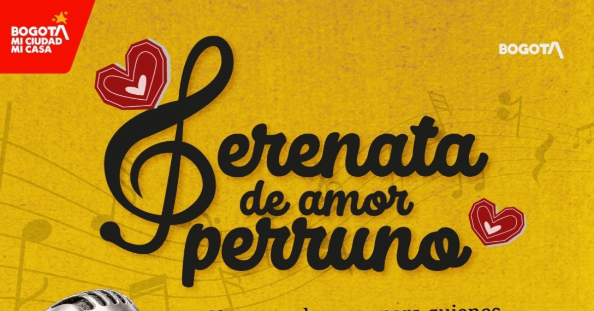 Banner promocional de la actividad “Serenata de amor perruno” sobre fondo amarillo con textura y notas musicales difuminadas.