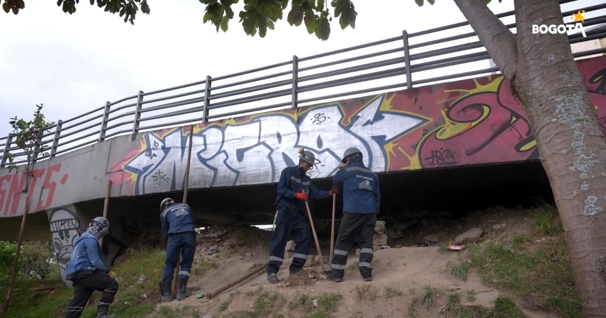 Personal del IDU cerrando un hueco debajo de un puente peatonal 