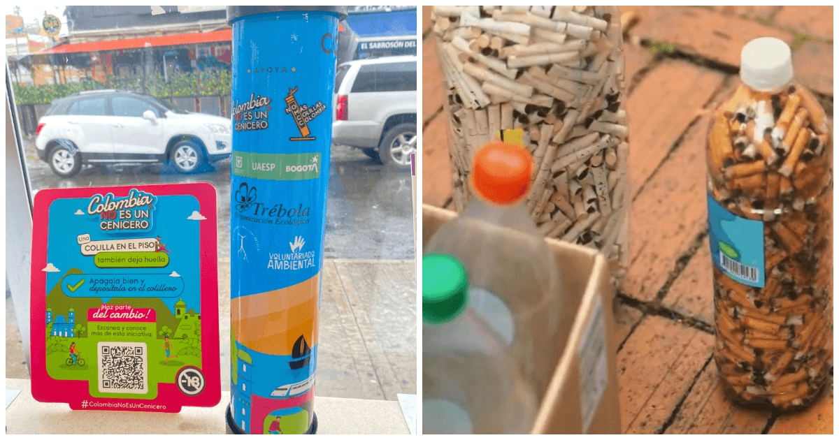Foto que muestra un colillero y una botella llena de collillas de cigarrillo