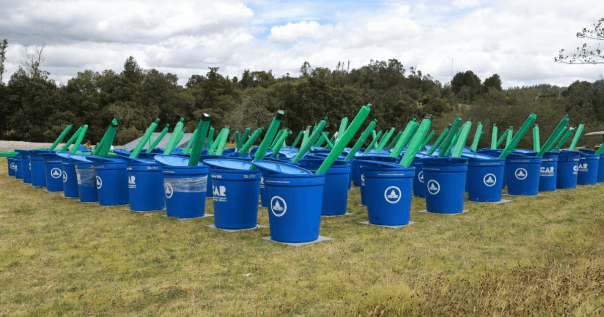 Canecas azules de la CAR Cundinamarca para almacenamiento de agua alineadas sobre un terreno cubierto de césped, junto a estructuras verdes instaladas como parte de un sistema de recolección y aprovechamiento de agua en zona rural.