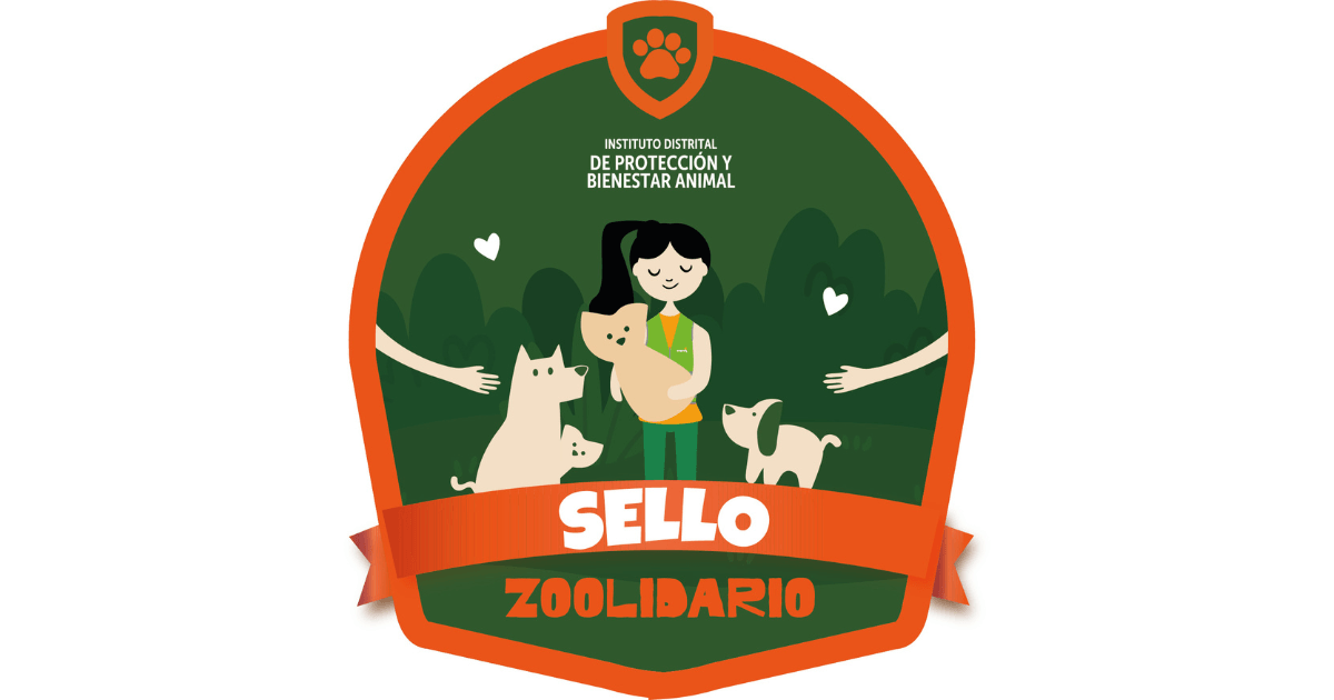Insignia del Instituto de Protección y Bienestar Animal de Bogotá con el texto “INSTITUTO DISTRITAL DE PROTECCIÓN Y BIENESTAR ANIMAL” junto a un icono de huella. En una cinta naranja se lee “SELLO” y debajo “ZOOLIDARIO”.