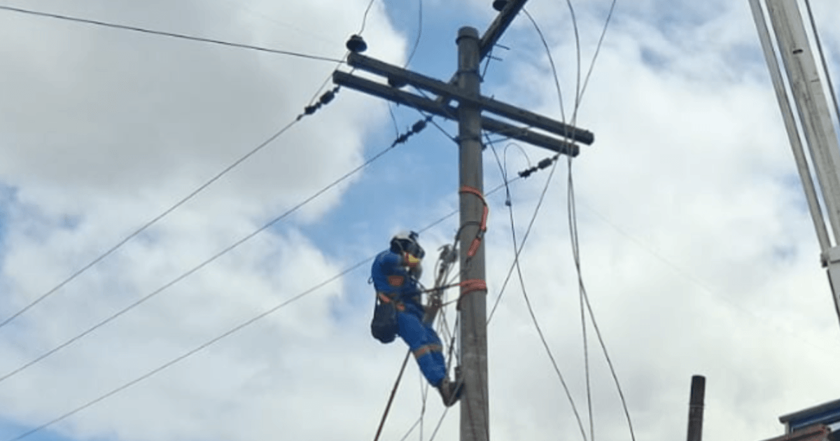Trabajador de Enel subido en un poste de luz durante labores de mantenimiento.