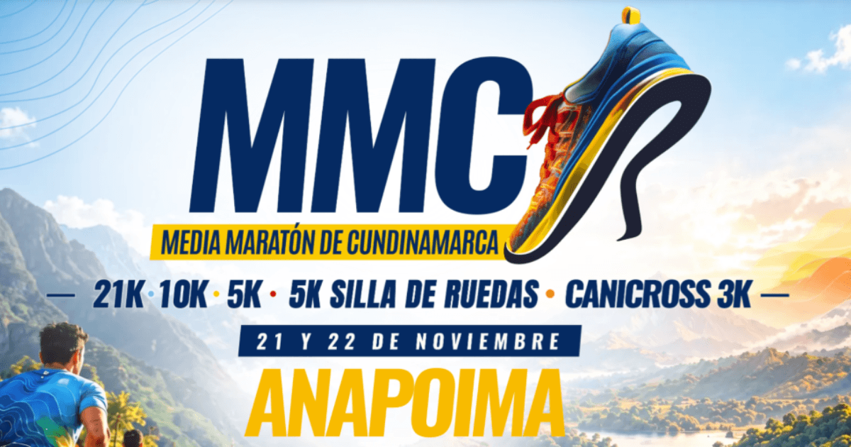 Afiche promocional de la Media Maratón de Cundinamarca 2026 con las siglas “MMC”, una ilustración de corredores y el texto “5K, 10K y 21K de recorridos”, “31 de julio de 2026” y “Anapoima” sobre fondo blanco y detalles en azul y amarillo.