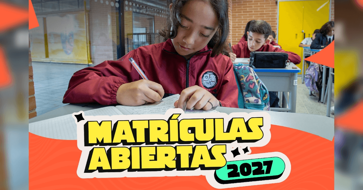 Foto que muestra una niña escribiendo en un cuaderno y el texto 'Matrículas abiertas 2027'.